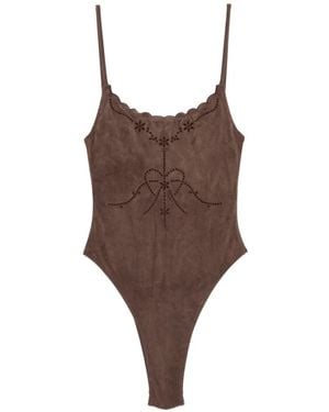 Frankie's Bikinis Juliet Scalloped Embroidered Swimsuit - Brown