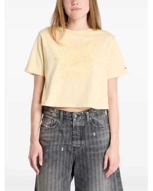 Tommy Hilfiger Logo-Embroidered Cropped T-Shirt - Yellow