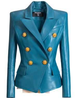Balmain Leather 6-Button Jacket - Blue
