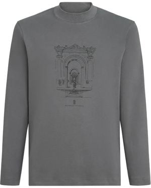 Brunello Cucinelli Cotton Interlock Long-Sleeve T-Shirt With Mock-Neck And Print - Grey