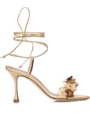 Manolo Blahnik 90Mm Anista Flower-Embellished Lace-Up Sandals - Metallic