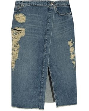 Blumarine Distressed Slit-Front Denim Skirt - Blue