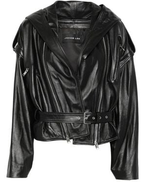 JACOB LEE Hooded Leather Biker Jacket - Black