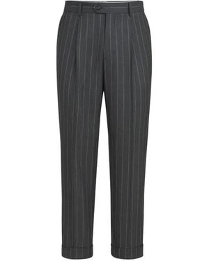 Brunello Cucinelli Super 150S Virgin Wool Wide Chalk Stripe Batavia Trousers With Pleat - Grey