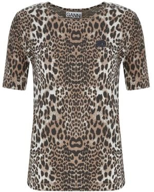 Ganni Leopard-Print Logo-Patch T-Shirt - Natural