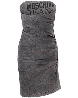 Moschino Logo-Print Strapless Dress - Gray
