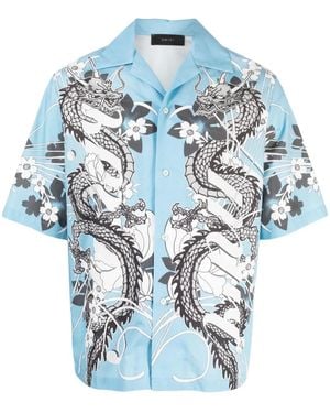 Amiri Dragon Printed Short-Sleeved Bowling Shirt - Blue