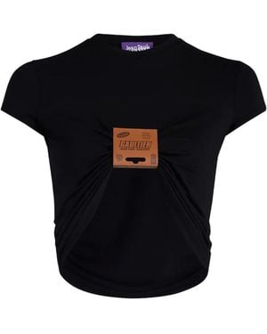 Jean Paul Gaultier The Label Baby Stretch Viscose Jersey Cropped T-Shirt With Leather Label - Black