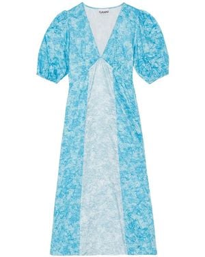 Ganni Puff-Sleeve V-Neck Midi Dress - Blue