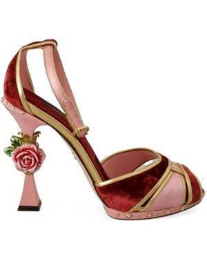 Dolce & Gabbana Rose-Embellished Velvet Sandals - Red