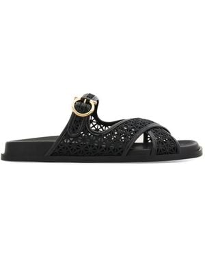 Ferragamo Gancini Buckle Crossover Slides - Black