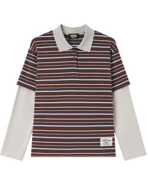 Mini Cream Striped Double-Sleeve Polo Shirt - Red