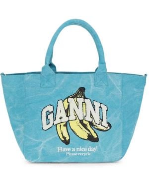Ganni Banana-Print Tote Bag - Blue