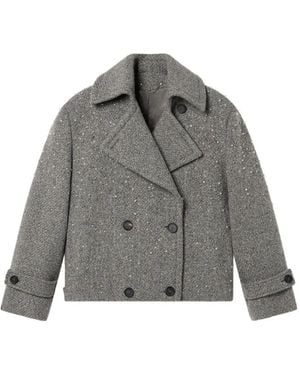 Golden Goose Journey Short Trench Coat Regina Embellished Salt And Pepper Virgin Wool - Grey