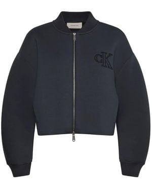 Calvin Klein Logo-Embroidered Cropped Bomber Jacket - Blue