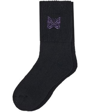 Needles Butterfly-Embroidered Wool Socks - Black