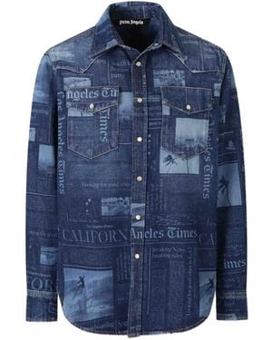 Palm Angels Newspaper-Print Denim Shirt - Blue