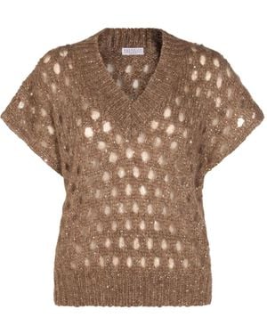 Brunello Cucinelli Open-Knit V-Neck Sweater - Brown