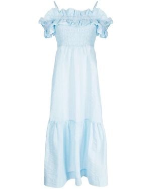 Ganni Ruffled-Detail Midi Dress - Blue