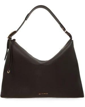 Etro Logo-Lettering Grained-Leather Shoulder Bag - Black