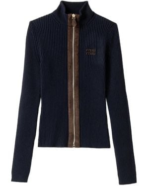Miu Miu Cardigan Zippé À Bords En Cuir - Bleu
