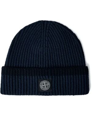 Stone Island Logo-Motif Ribbed Beanie - Blue