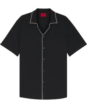 HUGO Blanket-Stitch Short-Sleeve Shirt - Black