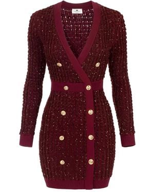 Elisabetta Franchi Bouclé-Knit Sequin-Embellished Mini Dress - Red