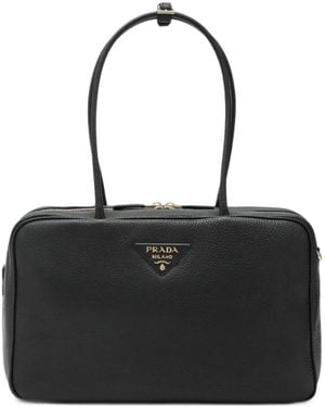 Prada Logo-Plaque Leather Shoulder Bag - Black