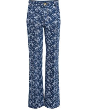 Giambattista Valli Floral-Embroidered Denim Trousers - Blue