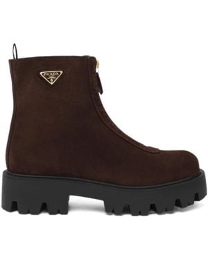 Prada Stride Suede Booties With Zip - Brown