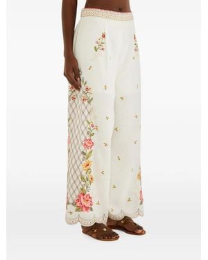 FARM Rio Flower Embroidery Wide-Leg Pants - White