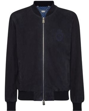 Billionaire Crest-Embroidered Suede Bomber Jacket - Blue