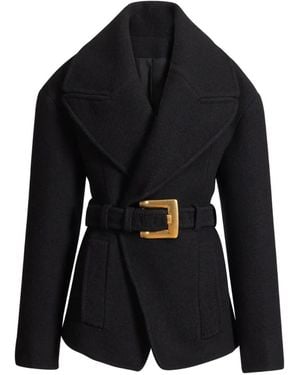 Balmain Belted Wool Pea Coat - Black