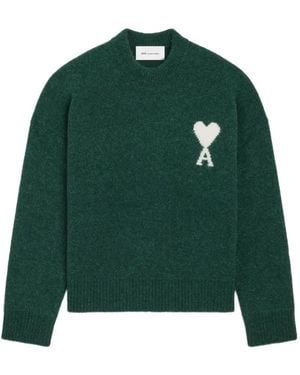 Ami Paris Crewneck Alpaca Sweater With Ami De Coeur - Green