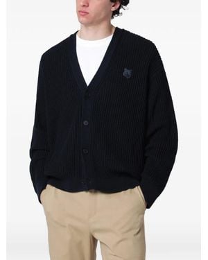Maison Kitsuné Gerippter Cardigan Mit Fuchskopf - Blau
