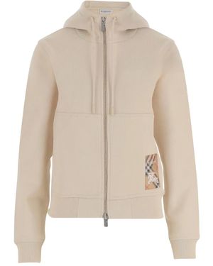 Burberry Check Label Zip-Up Hoodie - Natural