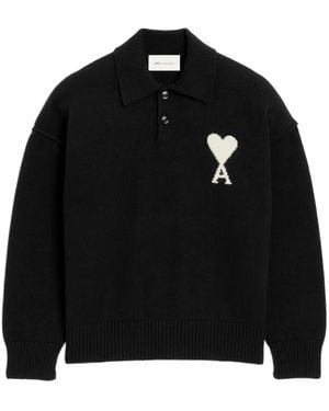 Ami Paris Wool Polo With Ami De Coeur - Black