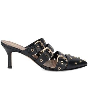 Red(V) Buckle Studded Mules - Black