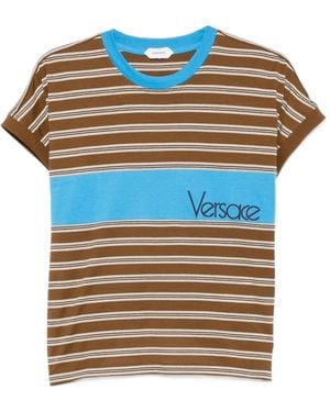 Versace Camiseta De Algodón Con Intarsia A Rayas Y Logo Bordado - Azul
