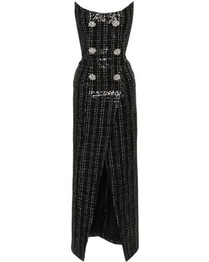 Balmain Strapless Embellished Sequined Metallic Tweed Gown - Black