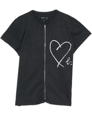 agnès b. Heart-Print Zip-Up T-Shirt - Black