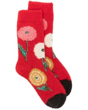 Bonne Maison Floral-Intarsia Ribbed-Trim Socks - Red