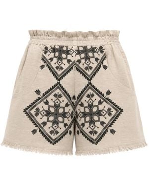 Greek Archaic Kori Geometric-Embroidery Shorts - White