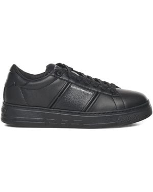 Emporio Armani Leather Lace-Up Trainers - Black