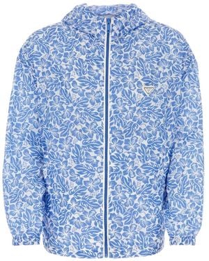 Prada Floral-Print Hooded Jacket - Blue
