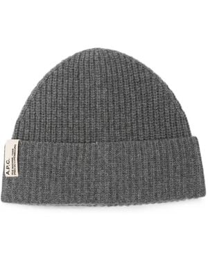 A.P.C. Ribbed-Knit Logo-Patch Beanie Hat - Gray