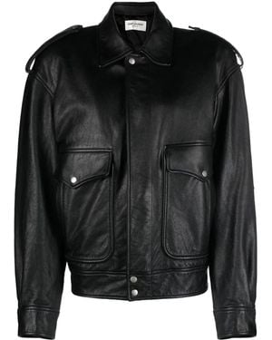 Saint Laurent Blouson Oversize En Cuir Grainé Noir - Black