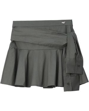 Mini Cream Tie-Waist Pleated Skirt - Gray