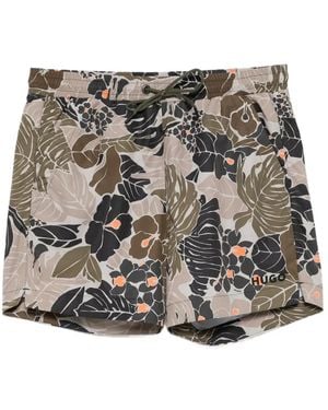 HUGO Floral-Print Swim Shorts - Grey